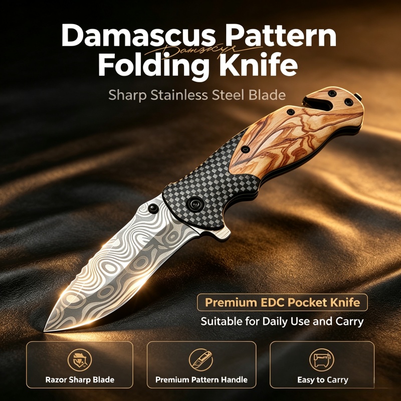 Edc Carry Pocket Knife - Navaja Plegable con Patrón Damasco, Hoja